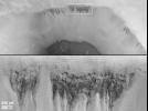 The first clue that there might be places on Mars where liquid groundwater seeps out onto the surface came from a picture taken by NASA's Mars Global Surveyor. 3D glasses are necessary to identify surface detail. 