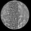 View of Callisto, most distant of the four large moons of Jupiter. This mosaic was prepared from images obtained by three spacecraft: NASA's Voyager 1 (left side), Galileo (middle), and Voyager 2 data (right side). 