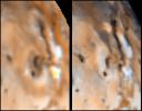 Detail of changes on Jupiter's moon Io in the region around Maui and Amirani as seen by NASA's Voyager 1 spacecraft in April 1979 (left frame) and NASA's Galileo spacecraft in September 1996 (right frame).