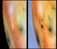 Detail of changes east of Pele on Jupiter's moon Io as seen by NASA's Galileo spacecraft between June (left) and September (right) 1996.