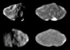 These four images of Jupiter's moon, Amalthea, were taken by NASA's Galileo's solid state imaging system at various
times between February and June 1997.