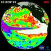 This image of the Pacific Ocean was produced using sea surface height measurements taken by the U.S./French TOPEX/Poseidon satellite. The image shows sea surface height relative to normal ocean conditions on Nov. 10, 1997.