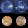 Shown here are color-coded images of Io in eclipse (top). The images were acquired by NASA's Galileo spacecraft during its tenth orbit around Jupiter.