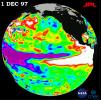 This image of the Pacific Ocean was produced using sea surface height measurements taken by NASA's U.S./French TOPEX/Poseidon satellite. The image shows sea surface height relative to normal ocean conditions on Dec. 1, 1997.