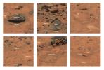 These images from NASA's Mars Pathfinder in 1997 show different type areas of rocks and soils on Mars; dark rock type and bright soil type. Seen here is the dark rock Barnacle Bill.