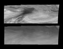 Mosaics of an equatorial 'hotspot' on Jupiter at 756 nanometers (top) and 410 nanometers (bottom). The mosaics captured by the Solid State Imaging system aboard NASA's Galileo spacecraft cover an area of 34,000 kilometers by 11,000 kilometers.