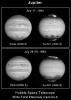 These four NASA Hubble Space Telescope images of Jupiter, as seen in visible (violet) and far-ultraviolet (UV) wavelengths, show the remarkable spreading of the clouds of smoke and dust thrown into the atmosphere.