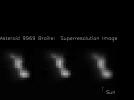 These composite image frames were taken 914 seconds and 932 seconds after the NASA's Deep Space 1's encounter with the asteroid 9969 Braille. The image on the right was created by combining the two images on the left.
