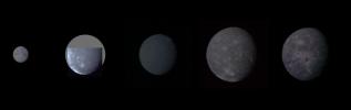 Montage of Uranus' five largest satellites taken by NASA's Voyager 2. From to right to left in order of decreasing distance from Uranus are Oberon, Titania, Umbriel, Ariel, and Miranda.
