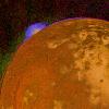 This picture shows a special color reconstruction of one of the erupting volcanos on Io discovered by NASA's Voyager 1 during its encounter with Jupiter on the 4th and 5th of March, 1979.