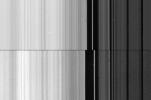 This composite image shows two views of the outer edge of Saturn's B-ring (left) and the inner part of the Cassini Division (right) in the rings as seen by NASA's Voyager 2 on Aug. 25, 1981.