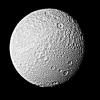 This photograph taken on Aug. 26, 1981, from NASA's Voyager 2 of Tethys shows objects about 5 kilometers (3 miles) in size and is one of the best images of the Saturnian satellite returned by the spacecraft or its predecessor, Voyager 1.