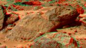 This is a stereo view of 'Moe & Pumpkin', part of the 'Bookshelf' at the back of the 'Rock Garden' to the southwest of NASA's Mars Pathfinder lander. 3D glasses are necessary to identify surface detail.