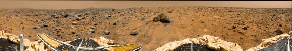 This is a more recent 'geometrically improved, color enhanced' version of the 360-degree 'Gallery Pan,' the first contiguous, uniform panorama taken by the Imager for Mars (IMP) over the course of Sols 8, 9, and 10.