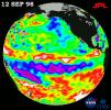 This image of the Pacific Ocean was produced using sea-surface height measurements taken by NASA's U.S.-French TOPEX/Poseidon satellite showing sea surface height relative to normal ocean conditions on September 12, 1998.