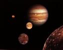 Jupiter and its four planet-size moons, called the Galilean satellites, were photographed in early March, 1980, by NASA's Voyager 1 and assembled into this collage. They are not to scale but are in their relative positions