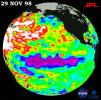 This image of the Pacific Ocean was produced using sea-surface height measurements taken by NASA's U.S.-French TOPEX/Poseidon satellite showing sea surface height relative to normal ocean conditions on November 29, 1998.