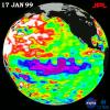 This image of the Pacific Ocean was produced using sea-surface height measurements taken by NASA's U.S.-French TOPEX/Poseidon satellite showng sea surface height relative to normal ocean conditions on January 17, 1999.