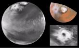 Here is the discovery image (left) from NASA's Hubble Space Telescope of the Martian polar storm as seen in blue light (410 nm). The storm is located near 65 deg.