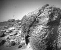 This view of the rock 'Chimp' was acquired by NASA's Sojourner rover's left front camera on Sol 74 (September 17). A large crack, oriented from lower left to upper right, is visible in the rock. Sol 1 began on July 4, 1997.