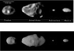 The upper series of images represents the best yet of the four small inner satellites of Jupiter taken by the camera on NASA's Galileo spacecraft. From left to right, in order of decreasing distance to Jupiter, are Thebe, Amalthea, Adrastea and Metis.