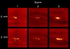 This view shows lightning storms in three different locations (panels 1, 2, and 3) on Jupiter's night side. Each panel shows multiple lightning strikes, coming from different parts of the same storm. Images captured by NASA's Galileo spacecraft.