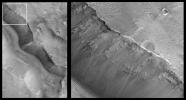 NASA's Mars Global Surveyor shows the deep, steep-walled valley in Tagus Vallis in the martian southern hemisphere of Mars. Layered rock can be seen, exposed in the upper slopes of the valley. Bright sand dunes are visible on the valley floor.