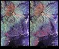 These are color composite radar images showing the area around Mount Pinatubo in the Philippines. The images were acquired by NASA's Spaceborne Imaging Radar-C and X-band Synthetic Aperture Radar aboard the space shuttle Endeavour.