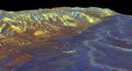 This is a three-dimensional perspective view from NASA's Spaceborne Imaging Radar C/X-Band Synthetic Aperture Radar of Owens Valley, near the town of Bishop, California.