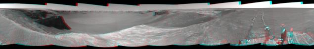NASA's Mars Exploration Rover Opportunity used its navigation camera to take the images combined into this stereo view of the rover's surroundings on sol (or Martian day) 959 of its surface mission.