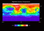 This image shows the nighttime temperature of the Martian surface as measured by the Thermal Emission Spectrometer (TES) instrument onboard NASA's Mars Global Surveyor.