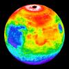 This image shows the nighttime temperatures measured by the Thermal Emission Spectrometer (TES) instrument onboard NASA's Mars Global Surveyor wrapped on to a globe.