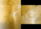 This pair of images color images from NASA's Mars Global Surveyor shows early autumn clouds over the Arsia Mons volcano, plus the shadow of the innermost of the two martain moons, Phobos.