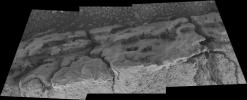 This image mosaic from NASA's Mars Exploration Rover Opportunity shows detailed structure of a small fin-like structure dubbed 'Roosevelt,' which sticks out from the outcrop pavement at the edge of 'Erebus Crater,' taken on Feb. 8, 2006.