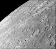 Antoniadi Ridge, over 450 kilometers long, runs along the right side of this acquired image during NASA's Mariner 10's first encounter with Mercury after its launch in 1974.