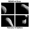 In the first hours after insertion into Eros' orbit on Feb 14, 2000, NASA's NEAR Shoemaker spacecraft took these images from a range of 210 miles (330 km) above the surface. The many craters visible served as landmarks for navigating the spacecraft. 
