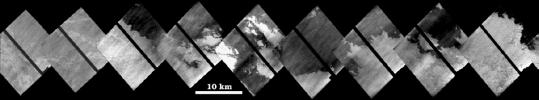 This mosaic of images shows a portion of a long lava flow that appeared during the 17 years between flybys of Io by NASA's Voyager and Galileo spacecraft. Images are high resolution and were acquired by Galileo on October 11, 1999 during its 24th orbit.