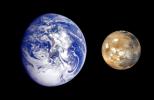 This composite image, from NASA's Galileo and Mars Global Survey orbiters, of Earth and Mars was created to allow viewers to gain a better understanding of the relative sizes of the two planets.