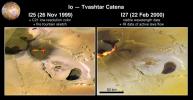 This pair of images taken by NASA's Galileo spacecraft captures a dynamic eruption at Tvashtar Catena, a chain of volcanic bowls on Jupiter's moon Io. They show a change in the location of hot lava over a period of a few months in 1999 and early 2000.