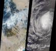 These images from NASA's Terra satellite captured on August 14, 2000 show forest fires raging in Montana and Hurricane Hector swirling in the Pacific.