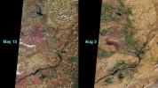 This image pair from NASA's Terra satellite shows 'before and after' views of a dry sagerush fire in the area around the Hanford Nuclear Reservation near Richland, Washington, in June, 2000.
