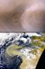 NASA's Mars Global Surveyor shows compares a martian north polar dust storm observed on 29 August 2000 with a terrestrial dust storm on Earth acquired on 26 February, 2000.
