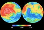 NASA's Mars Global Surveyor shows two views of Mars derived from MGS Thermal Emission Spectrometer measurements of global broadband (0.3 - ~3.0 microns) visible and near-infrared reflectance, also known as albedo. 