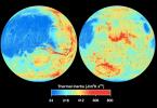 NASA's Mars Global Surveyor shows the global thermal inertia of the Martian surface as measured by the Thermal Emission Spectrometer instrument.