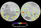 NASA's Mars Global Surveyor shows especially strong martian magnetic fields in the southern highlands near the Terra Cimmeria and Terra Sirenum regions, centered around 180 degrees longitude from the equator to the pole.