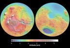 These maps are global false-color topographic views of Mars at different orientations from NASA's Mars Global Surveyor. The maps are orthographic projections that contain over 200,000,000 points and about 5,000,000 altimetric crossovers.