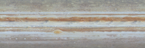 The frame from the first color movie of Jupiter from NASA's Cassini spacecraft shows what it would look like to peel the entire globe of Jupiter, stretch it out on a wall into the form of a rectangular map, and watch its atmosphere evolve with time.
