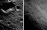This pair of images taken by NASA's NEAR Shoemaker on Apr. 18, 2000, shows the dissimilarity of two different regions of the asteroid Eros. At left, a region typical of Eros, at right, the inside of the saddle which has far fewer craters.