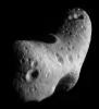 This image of asteroid Eros, taken by NASA's NEAR Shoemaker on Feb. 29, 2000, shows the north polar region highlighting the major physiographic features of the northern hemisphere; the saddle seen at the bottom.