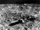 Photomosaic of lunar panorama near the Tycho crater taken by Surveyor 7. The hills on the center horizon are about eight miles away from the spacecraft.